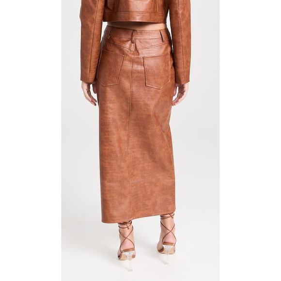 New WAYF Roberta Croc Embossed Midi Skirt in Brown Faux Leather Size L - Picture 2 of 13